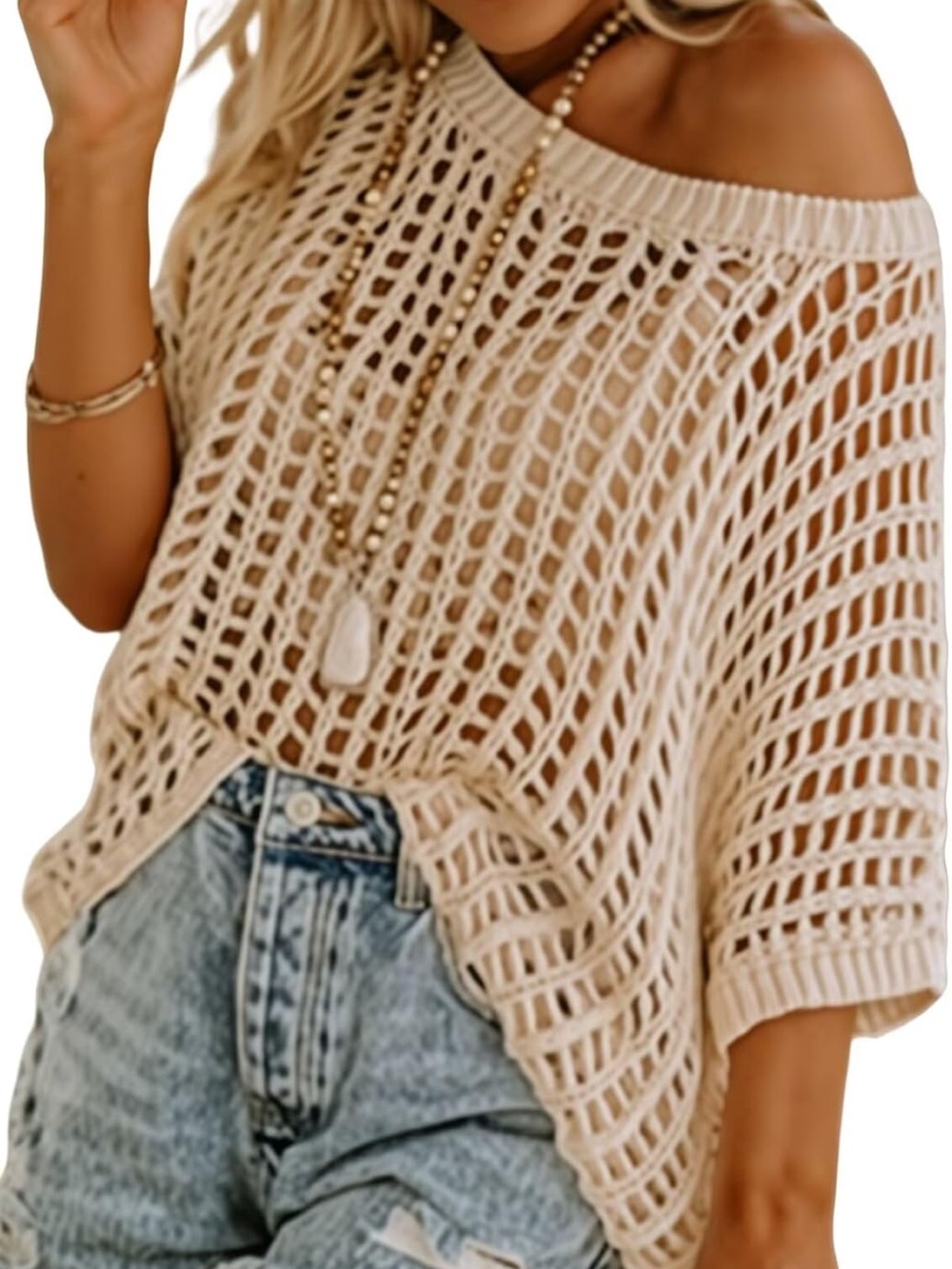 Off-Shoulder Cream Crochet Swim Cover-Up